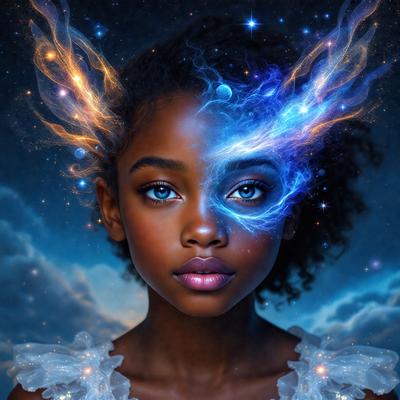 The primary subject of the image is a young girl with a unique and artistic appearance. She has a blue and purple face, and her eyes are painted with a blue and purple color as well. The setting is a night sky, which serves as the backdrop for the image. The visual style is a combination of digital art and illustration, creating a surreal and dreamy atmosphere. The colors and mood of the image are predominantly blue and purple, giving the scene a serene and otherworldly feel.